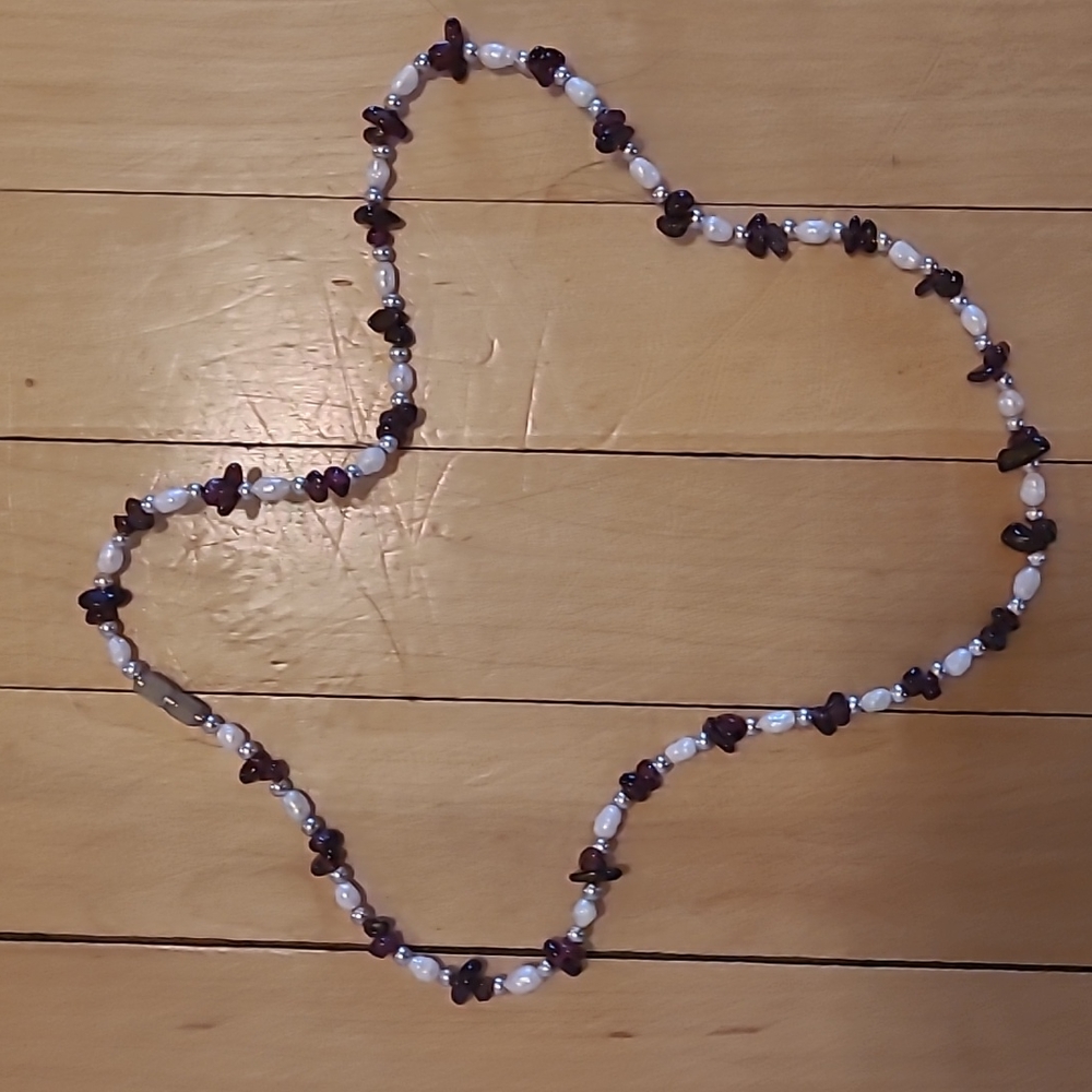 Freshwater pearl, Garnet, and silver necklace